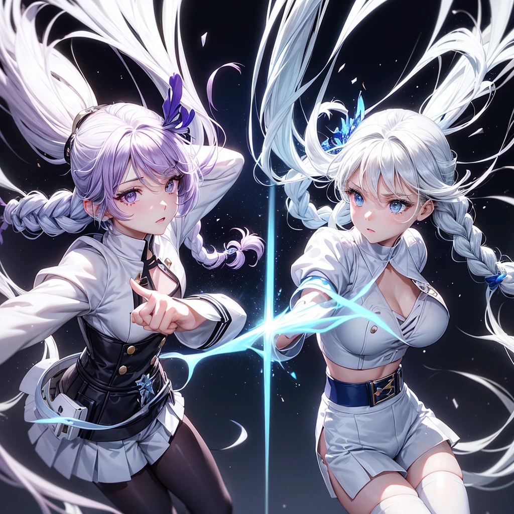 Kizi, Caucasian skin, appealing, long white and blue double braids voluminous hair style, violet eyes, top cropped branco, white shorts above the waist, blue belt, white pantyhose, white and blue boots, RWBY style, realisitic, dark backdrop with white and blue symbols, high qualiy, detailded, fighting position