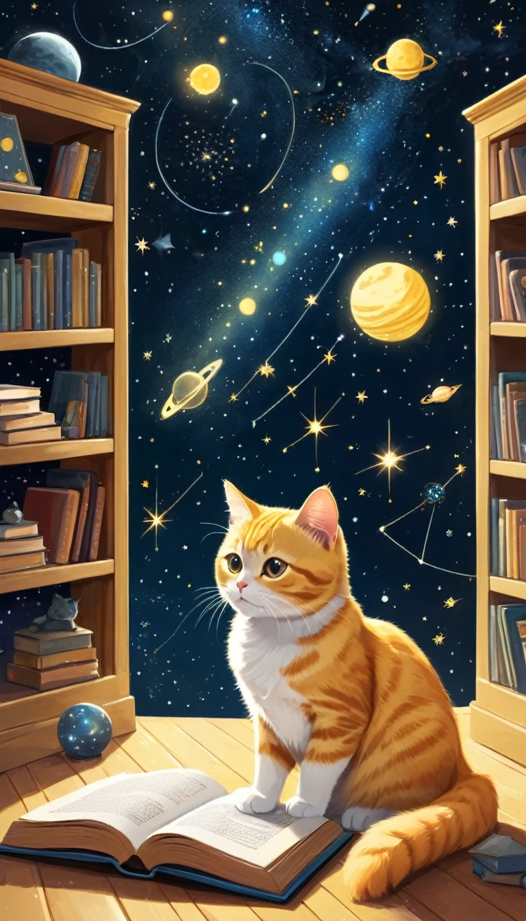 A cute yellow cat is in a room. The walls are decorated with pictures of space and constellations. The bookshelves are full of books about space and constellations. The cat is looking at a book about constellations.