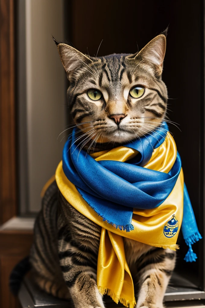 A cat with a blue and gold scarf