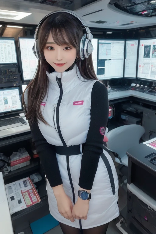 masterpiece, Highest quality, Very detailed, 8K Portrait,Japanese Android Girl,plump , Control panel,Robotic arms and legs, Blunt bangs,,break (Metallic Gray, Metallic luster, Mirror finish, Astro Best):5,headphone:5,break (Black sleeves):100,Smart Watches,Futuristic space station,Control Room,break headphone,blue eyes,(Black Hair):2,(Long Hair):1.3,Displaying the viewer,(respirator),break blush:3,Hidden Hand,smile