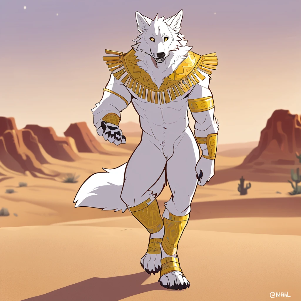 canid, canine, canis, mammal, mythological_canine, mythological_creature, were, werecanid, werecanine, werewolf, wolf, mythology, questionable, anthro, biped, white_body, white_fur, male, fingers, fluffy, fluffy_tail, fur, full_body, desert background, gold_regalia, gold_ankle_brace, gold_braces, waving, smiling, mostly_nude_male, full_body, digital_media_(artwork), hi_res, masterpiece,