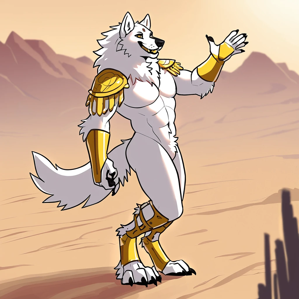 canid, canine, canis, mammal, mythological_canine, mythological_creature, were, werecanid, werecanine, werewolf, wolf, mythology, questionable, anthro, biped, white_body, white_fur, male, fingers, fluffy, fluffy_tail, fur, full_body, desert background, gold_regalia, gold_ankle_brace, gold_braces, waving, smiling, mostly_nude_male, full_body, digital_media_(artwork), hi_res, masterpiece,

