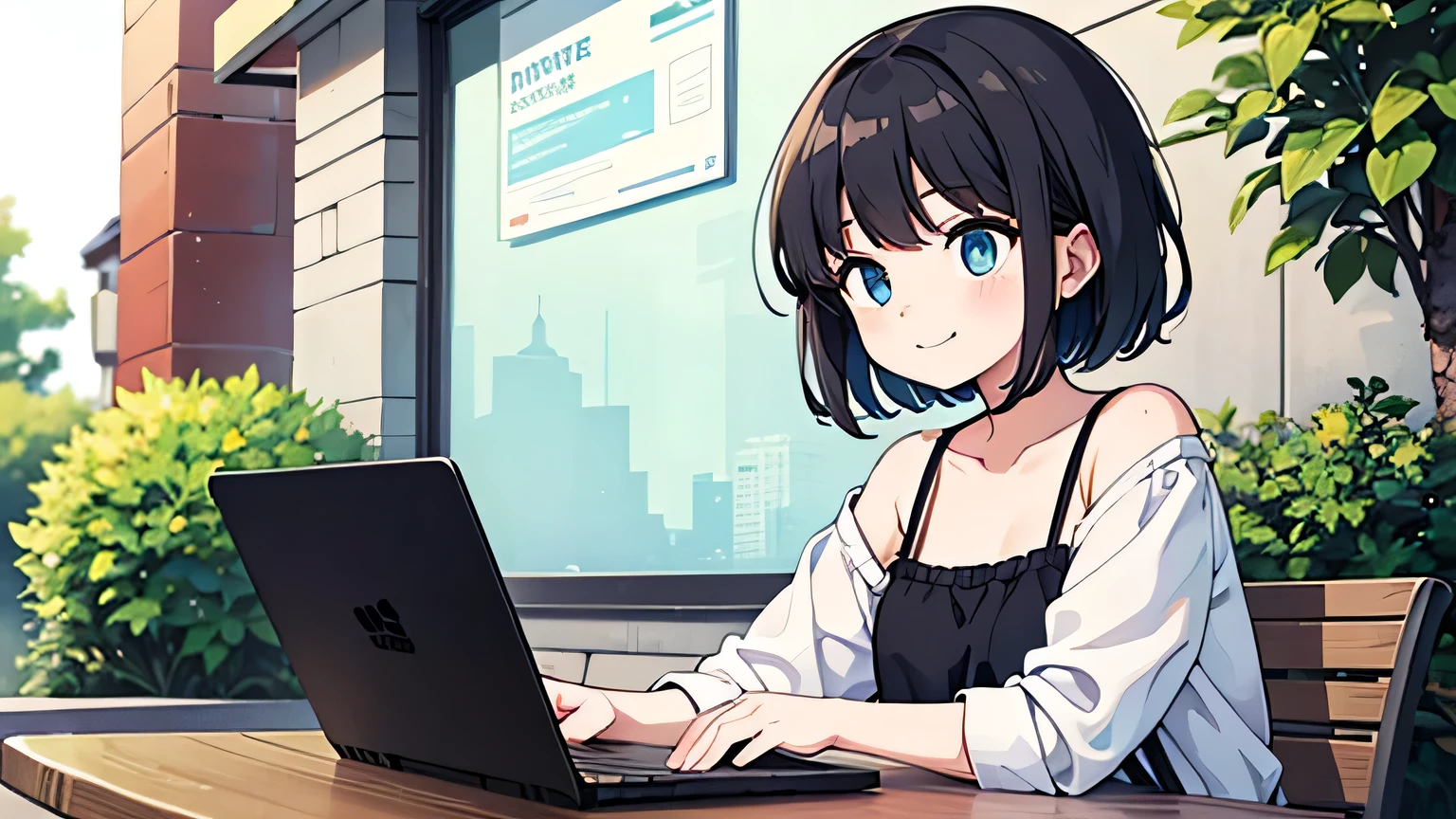 1girl, solo, blue eyes, (detailed eyes), flat chest, short hair, black hair, upper body, gentle smile on her face, , sitting up straight((masterpiece, illustration, best quality)) Fashionable open café、Woman using laptop on terrace seat、stitting, 20yr old、A smile、frontage、The upper part of the body、black hair、short-hair、The upper part of the body、closeup