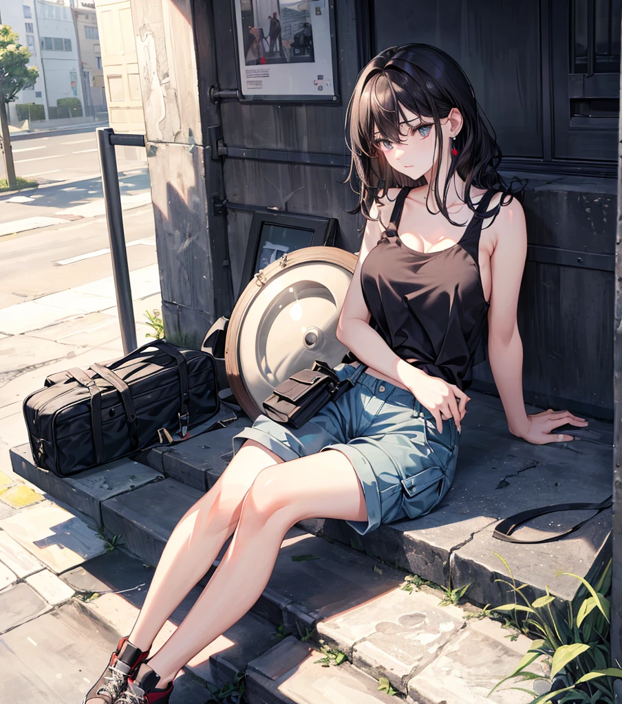 ((((absurdres, RAW photo, extremely delicate and beautiful, masterpiece, Best Quality, ultra high resolution, 32k, hyperrealistic, ultra-detailed)))), in her 20s, very Slim body, narrow waist, very small head, very small face, delicate facial features, beautiful face, beautiful eyes, ((very huge round tits)), medium hair, black hair, wavy hair, tearful mole, earring, full body shot, tank top shirt, cargo pants, shorts, street,