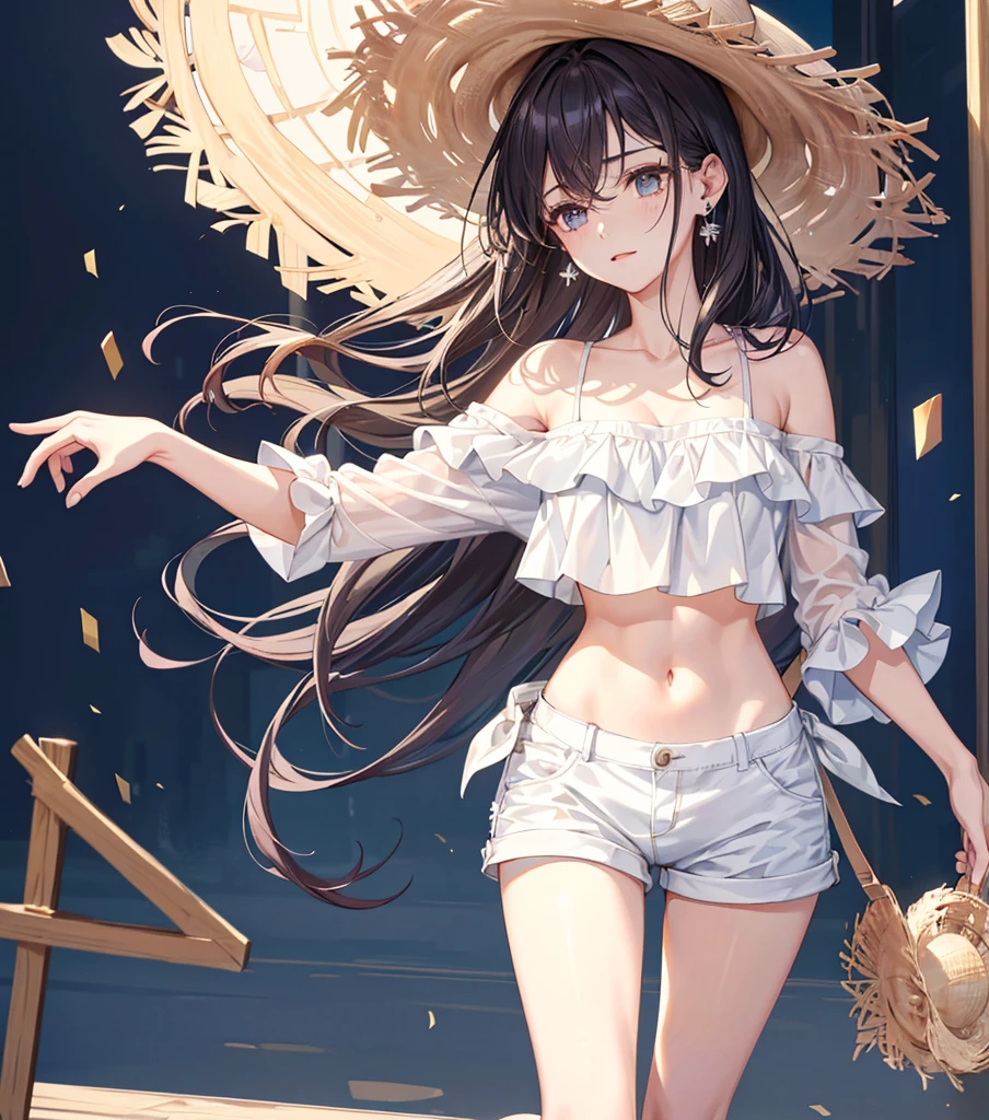 ((((absurdres, RAW photo, extremely delicate and beautiful, masterpiece, Best Quality, ultra high resolution, 32k, hyperrealistic, ultra-detailed)))), in her 20s, very Slim body, narrow waist, very small head, very small face, delicate facial features, beautiful face, beautiful eyes, ((very huge round tits)), medium hair, black hair, wavy hair, tearful mole, earring, ((full body shot)), casual, blouse, white shirt, buttoned shirt, bare shoulders, collarbone, midriff, navel, shorts, straw hat,