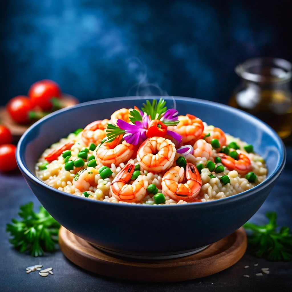 photograph from top of a dish of risotto with shrimps; food photography 