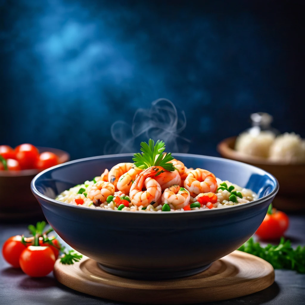 photograph from top of a dish of risotto with shrimps; food photography 