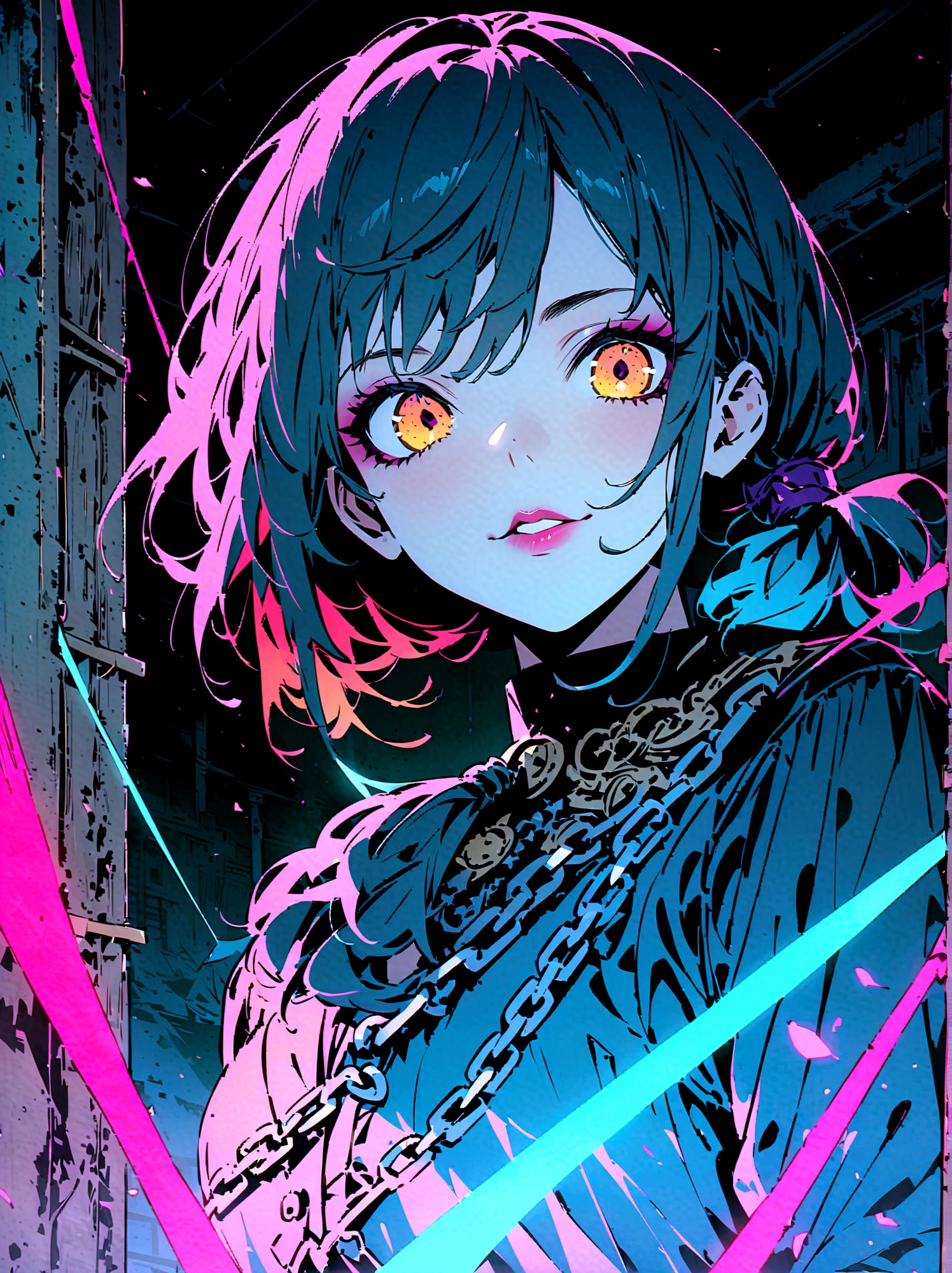 anime, goth style woman, chain accesories, dark clothes with a shade of gold, Japanese-style hair tied and a little messy, dark gothic makeup, soft smile, abandoned doll factory setting, horror, highres, ultra-detailed, (best quality,4k,highres,masterpiece),subdued colors, vivid colors, professional lighting, detailed lips, detailed eyes