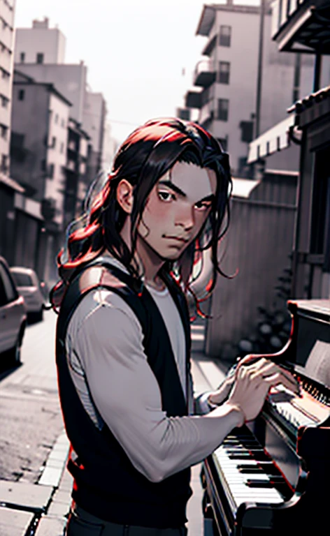 An anime boy poses in front of a changing cityscape, her long hair and her sharp, trusting eyes.. While the camera captures the moment, the soft melody of a piano playing in the background creates a feeling of contemplation and introspection 