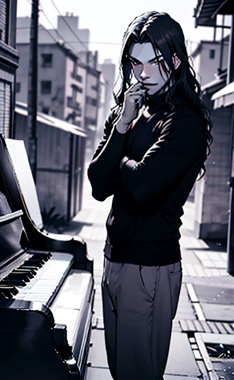 An anime boy poses in front of a changing cityscape, her long hair and her sharp, trusting eyes.. While the camera captures the moment, the soft melody of a piano playing in the background creates a feeling of contemplation and introspection 