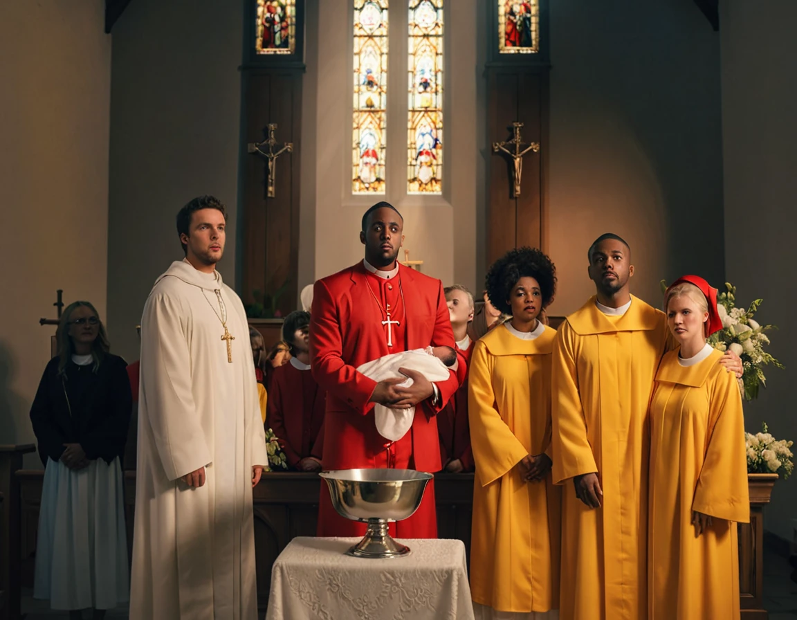 An ultra realistic church altar, Gothic style, in front of the pupto in the center we have a black man, holding a newborn baby wrapped in a white blanket, on the left side we have a priest with open arms with an astonished look and on the right side a choir with white clothes and white veils looking at the man with an appearance of fear. The man in the red blazer and red hat holds the baby as if he was going to baptize him. The priest dressed in white is white and calico, just like the three}These are choir people dressed in yellow, the strong sunlight that enters the window hides the face of everyone in the church, the man in red]Ao is a priest but a man wearing a red suit, a red blazer and wears a red hat.