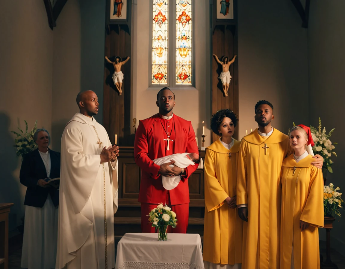 An ultra realistic church altar, Gothic style, in front of the pupto in the center we have a black man, holding a newborn baby wrapped in a white blanket, on the left side we have a priest with open arms with an astonished look and on the right side a choir with white clothes and white veils looking at the man with an appearance of fear. The man in the red blazer and red hat holds the baby as if he was going to baptize him. The priest dressed in white is white and calico, just like the three}These are choir people dressed in yellow, the strong sunlight that enters the window hides the face of everyone in the church, the man in red]Ao is a priest but a man wearing a red suit, a red blazer and wears a red hat.