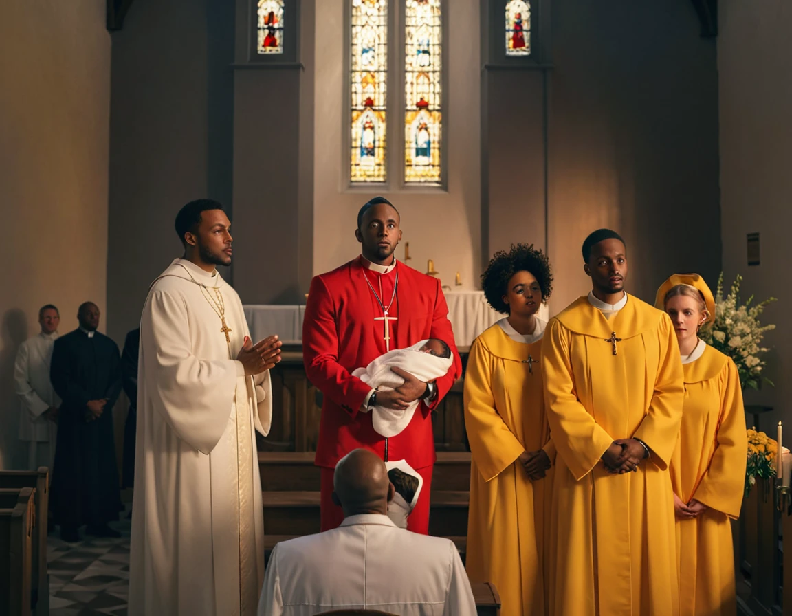 An ultra realistic church altar, Gothic style, in front of the pupto in the center we have a black man, holding a  wrapped in a white blanket, on the left side we have a priest with open arms with an astonished look and on the right side a choir with white clothes and white veils looking at the man with an appearance of fear. The man in the red blazer and red hat holds the baby as if hs going to baptize him. The priest dressed in white is white and calico, just like the three}These are choir people dressed in yellow, the strong sunlight that enters the window hides the face of everyone in the church, the man in red]Ao is a priest but a man wearing a red suit, a red blazer and wears a red hat.