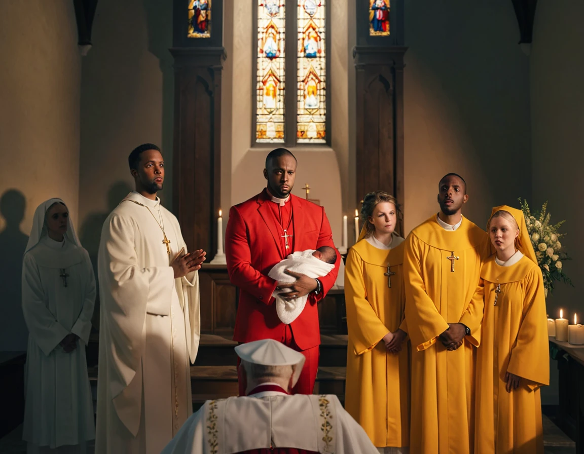 An ultra realistic church altar, Gothic style, in front of the pupto in the center we have a black man, holding a newborn baby wrapped in a white blanket, on the left side we have a priest with open arms with an astonished look and on the right side a choir with white clothes and white veils looking at the man with an appearance of fear. The man in the red blazer and red hat holds the baby as if he was going to baptize him. The priest dressed in white is white and calico, just like the three}These are choir people dressed in yellow, the strong sunlight that enters the window hides the face of everyone in the church, the man in red]Ao is a priest but a man wearing a red suit, a red blazer and wears a red hat.