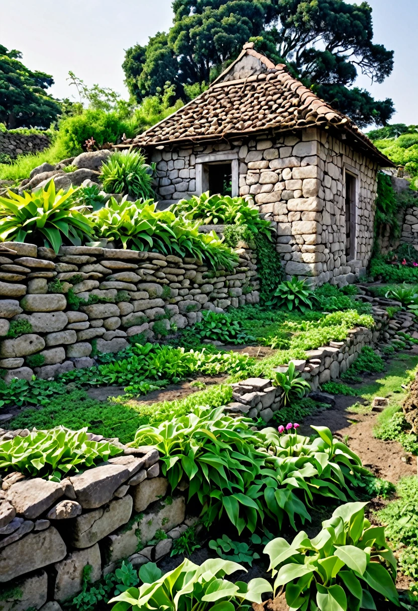 A ruined stone wall, filled with plants and roots, with a small house in the background, far away, with gardens about five hundred meters away, with fair people celebrating near the house.