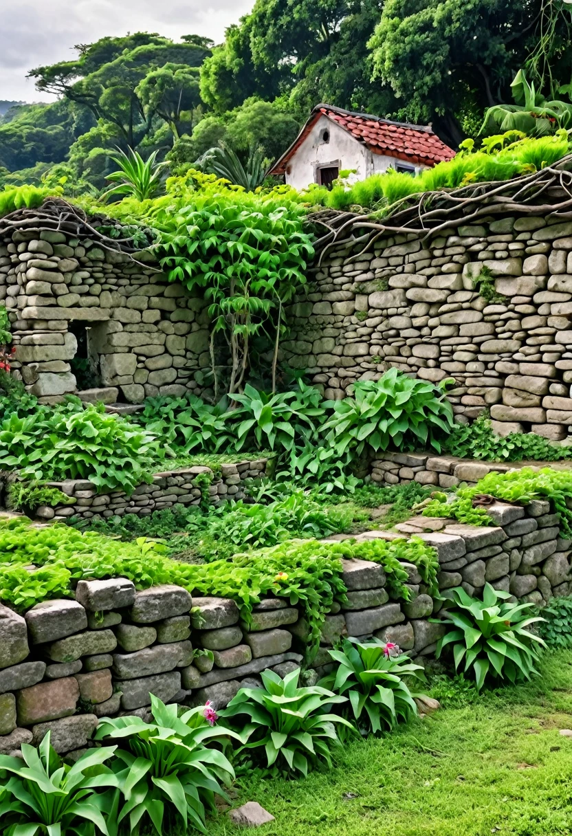 A ruined stone wall, filled with plants and roots, with a small house in the background, far away, with gardens about five hundred meters away, with fair people celebrating near the house.