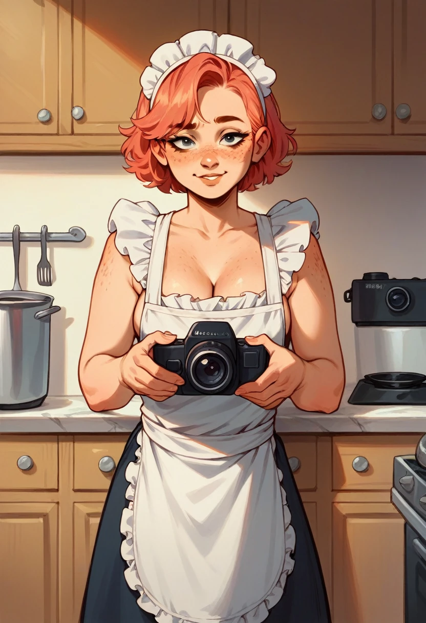 Closeup portrait of playful maid, cropped hair, apron, amazing body, pronounced femininity, plump, kitchen, [ash blonde|ginger|pink hair], freckles, flirting with camera, big boobies