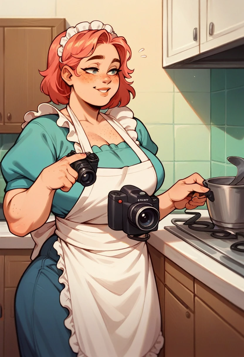 ((body sweat, mature lady, brown hair, blue eyes, big breasts, big breasts, short hair)) pixar mom, attractive woman, mature woman, ultra high detail, erotic, looking into the camera, big breasts, thick lips, big hip, big cleavage, red heels, red skirt, checkered stockings, apron, marked abdomen, sweaty face, camera focused on the face, red dress