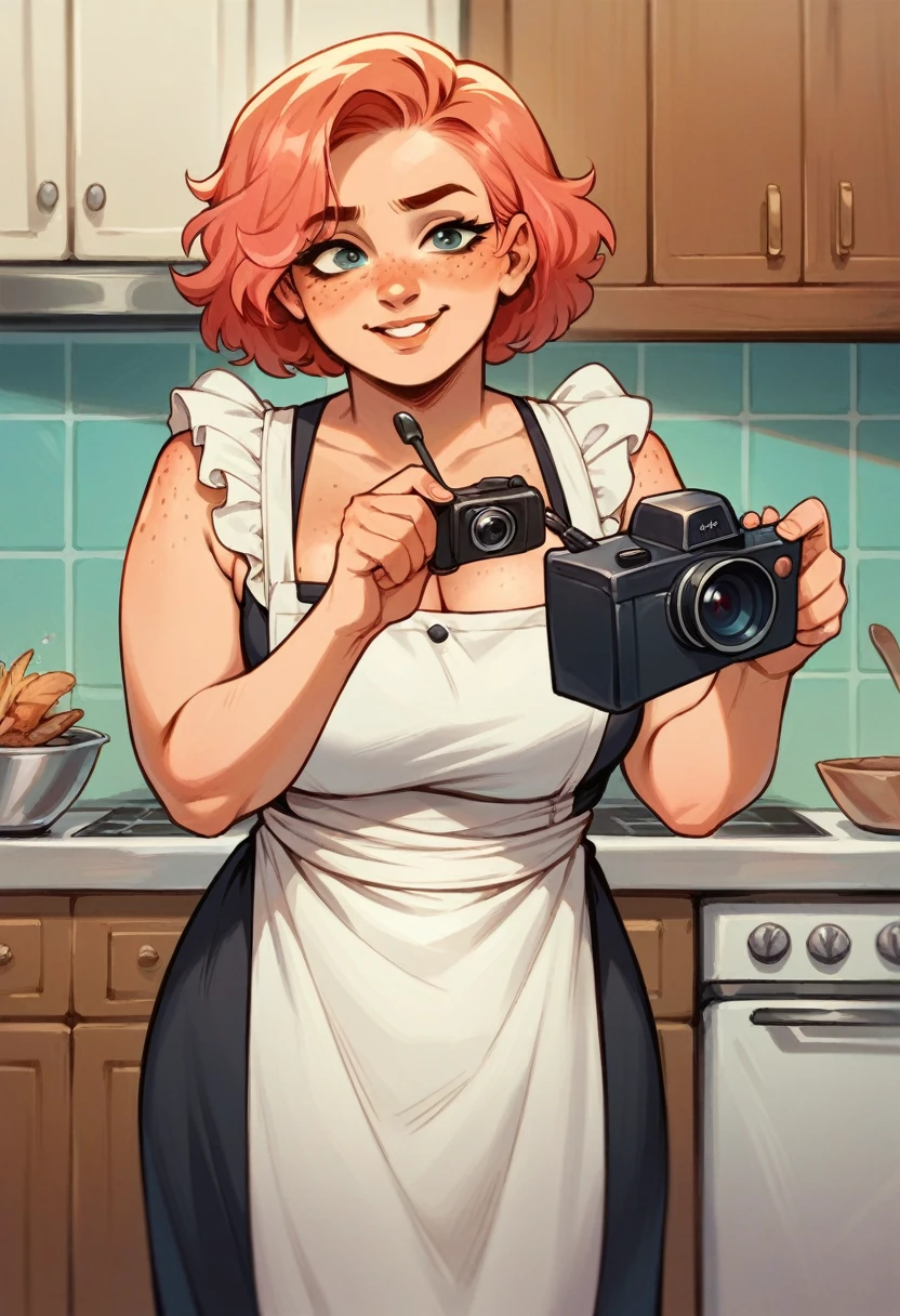 Closeup portrait of playful maid, cropped hair, apron, amazing body, pronounced femininity, plump, kitchen, [ash blonde|ginger|pink hair], freckles, flirting with camera, big boobies