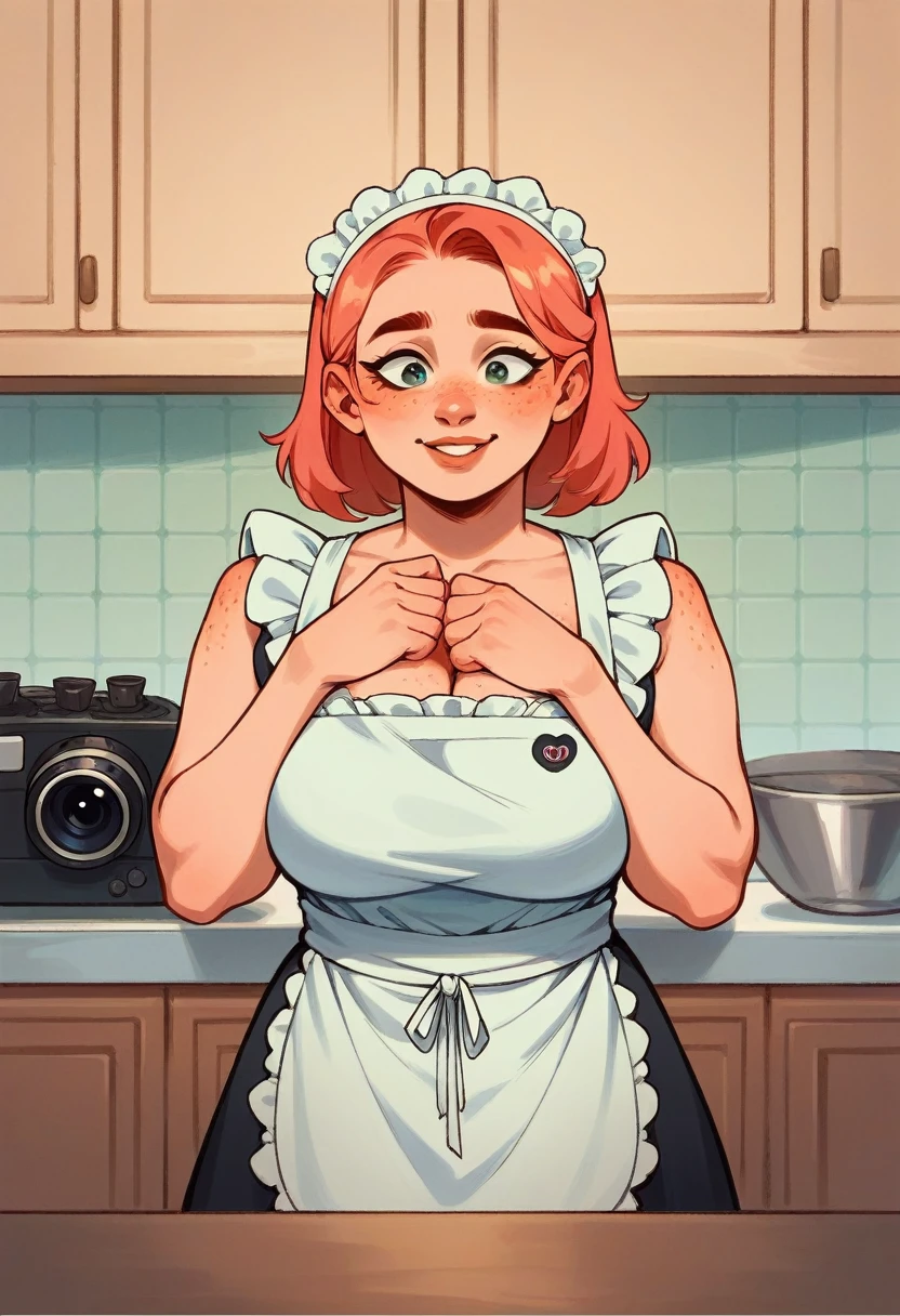 Closeup portrait of playful maid, cropped hair, apron, amazing body, pronounced femininity, plump, kitchen, [ash blonde|ginger|pink hair], freckles, flirting with camera, big boobies