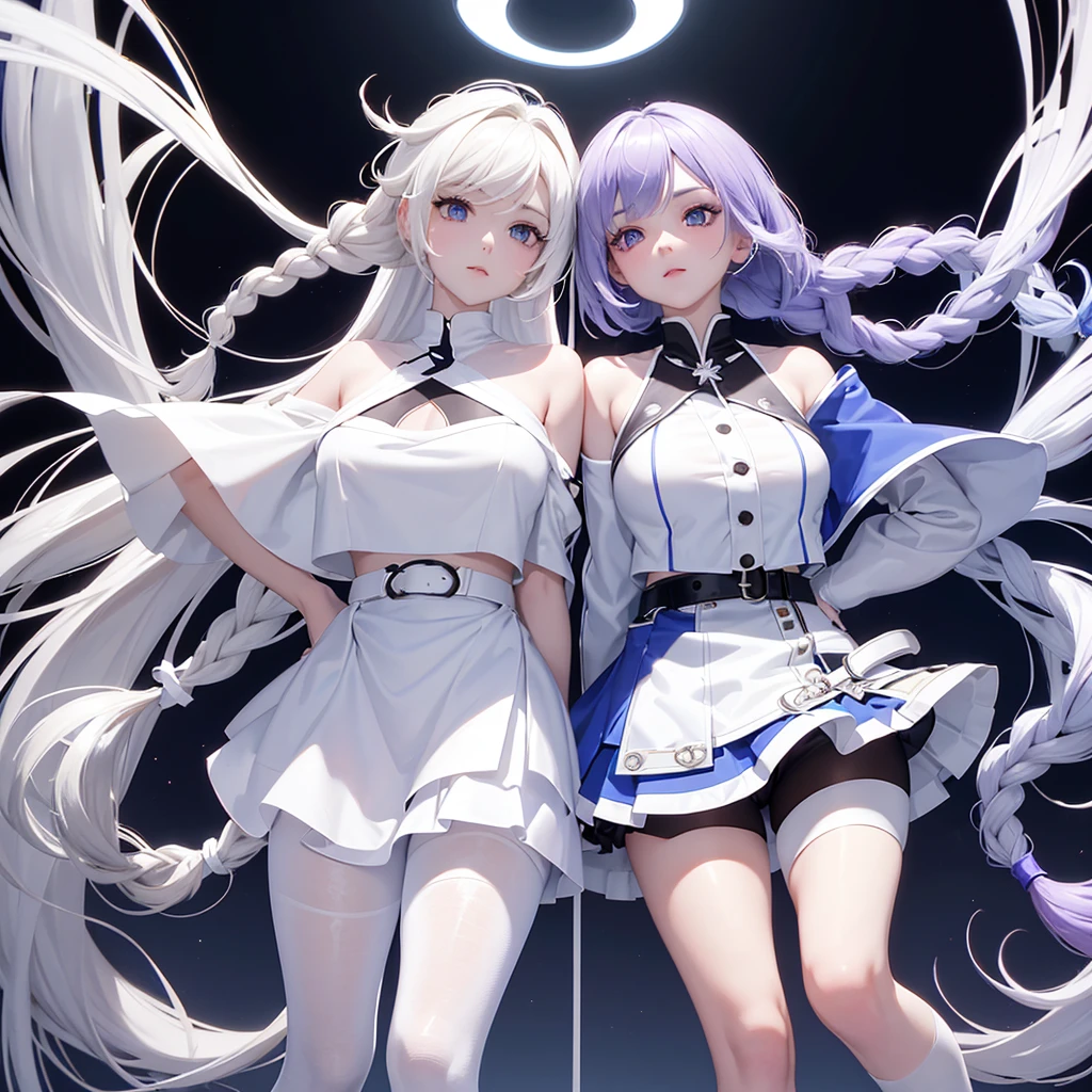 Kizi, Caucasian skin, appealing, long white and blue double braids voluminous hair style, violet eyes, top cropped branco, white shorts above the waist, blue belt, white pantyhose, white and blue boots, RWBY style, realisitic, dark backdrop with white and blue symbols, high qualiy, detailded, fighting position