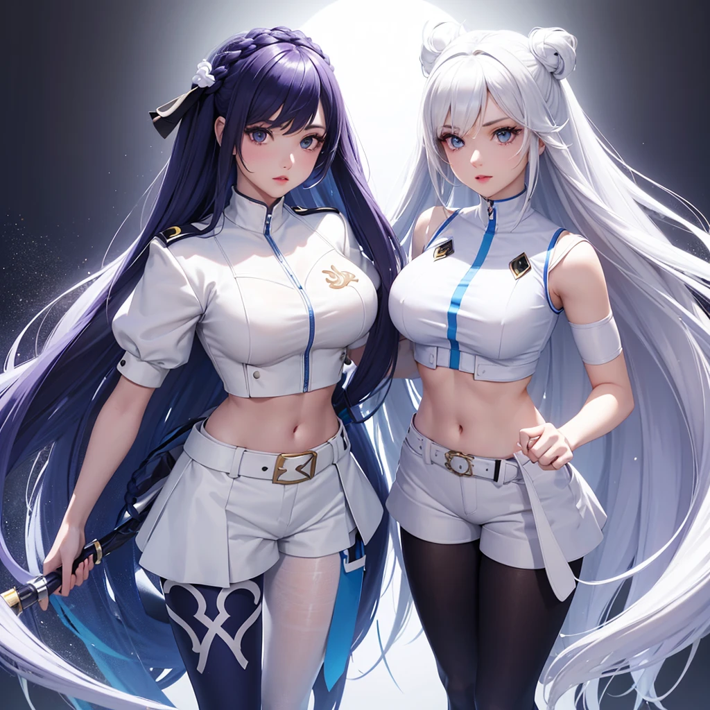 Kizi, Caucasian skin, appealing, long white and blue double braids voluminous hair style, violet eyes, top cropped branco, white shorts above the waist, blue belt, white pantyhose, white and blue boots, RWBY style, realisitic, dark backdrop with white and blue symbols, high qualiy, detailded, fighting position
