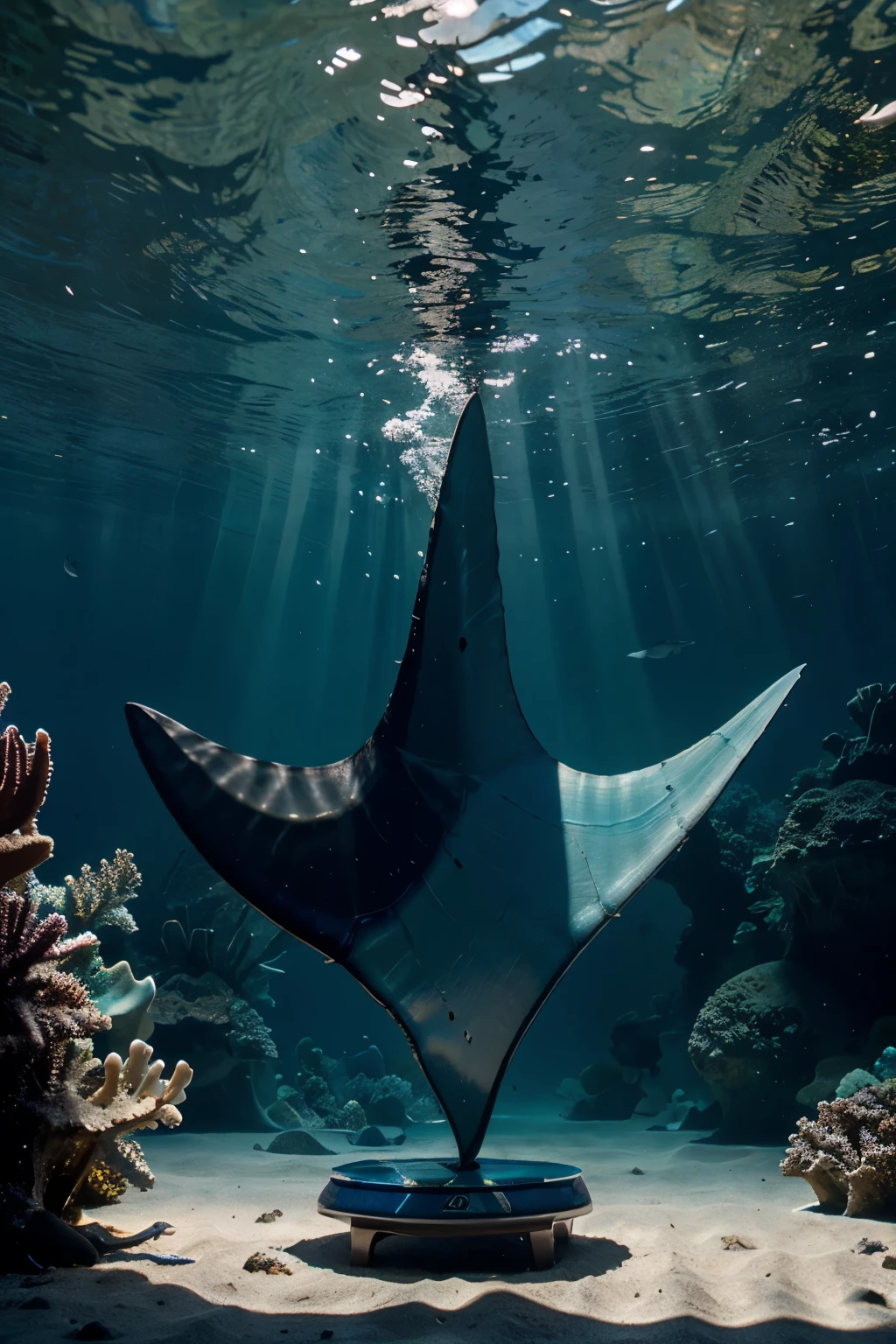 A giant manta ray scale, iridescent, with shades of deep blue, turquoise, and violet. The scale is translucent at the edges, revealing a pearly glow. It rests on a piece of coral worn by the sea, with seaweed and small shells around it. Sunlight penetrates the water, creating a play of light and shadow on the scale and coral. The image should convey the beauty and magic of the seabed, as well as the preciousness of the gift.