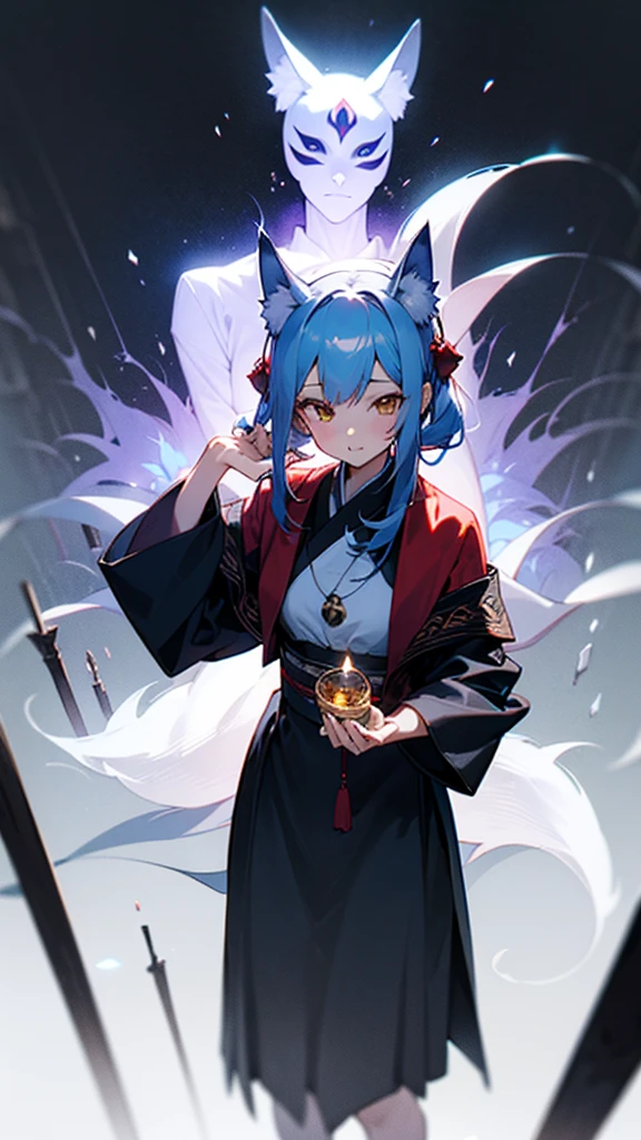 1 girl,standing alone,, offcial art, unity wallpaper 8k, ultra detaild, comely and aesthetic, comely, work of art, best qualityer,, Kitsune witch, fox mask, haori jacket, fox spell, fox familiar, Transformation,