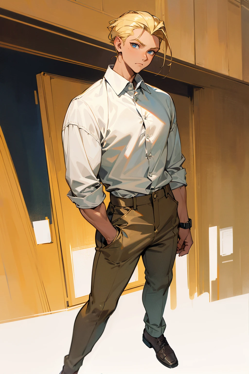 Masterpiece Quality, Perfect Generation, Sclera, Detailed Eyes, Skin, Blonde Slicked Back Hair, Muscular, Casual Clothing, Bored Expression, , City Background, Full Body, Tanned Skin, Two Toned White Highlighted Hair, , School Background, male, facing viewer,