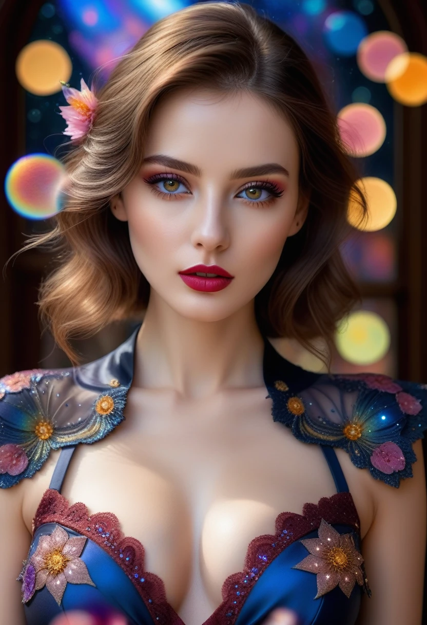 photorealistic Realism 8K Quality, fashion supermodel, (Glamour, paparazzi taking pictures of her), (beautiful slim and sharp face), ((ultra absurd details of realistic , perfectly round brown eyes: 1.3 in Ultra absurd quality and resolution)), (Ultra sharp eyes, clear absurd quality, not blurry), ((fine detailed pupils: 1.4)), pink_makeup:1.2, blue_eyeliner, red_lipstick:1.4,(perfect dark_eyeshadows), (Detailed nose:1.2), Intricate detail face, (perfect composition), ((pale skin)), (dry skin), Fantasy, Artistic, actively exploring a world filled with dark shades of black, grey, orange, maroon, burgundy, and lavender, High-definition portrait upper body to waist shot centered on her highly detailed beautiful (firm and full breasts),, amidst a setting rich in details like stars, galaxies, colorful bubbles, and petals, all enhanced by iridescence and glittering wind carrying pollen, 8K resolution, intricate, elegant, highly detailed, majestic, digital photography, ((wide shot)),