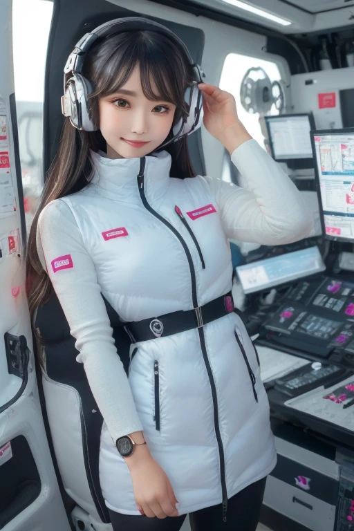 masterpiece, Highest quality, Very detailed, 8K Portrait,Japanese Android Girl,plump , Control panel,Robotic arms and legs, Blunt bangs,,break (Metallic Gray, Metallic luster, Mirror finish, Astro Best):5,headphone:5,break (Black sleeves):100,Smart Watches,Futuristic space station,Control Room,break headphone,blue eyes,(Black Hair):2,(Long Hair):1.3,Displaying the viewer,(respirator),break blush:3,Hidden Hand,smile