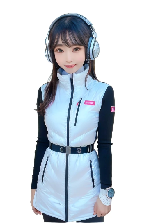 masterpiece, Highest quality, Very detailed, 8K Portrait,Japanese Android Girl,plump , Control panel,Robotic arms and legs, Blunt bangs,,break (Metallic Gray, Metallic luster, Mirror finish, Astro Best):5,headphone:5,break (Black sleeves):100,Smart Watches,Futuristic space station,Control Room,break headphone,blue eyes,(Black Hair):2,(Long Hair):1.3,Displaying the viewer,(respirator),break blush:3,Hidden Hand,smile