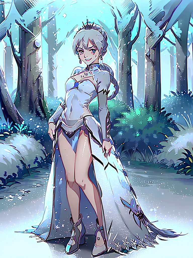 great quality ++ Extremely detailed high resolutionolution, very aesthetic, expressive eyes, (((Perfect face))), (((face symmetrical))), ((good anatomy)), (((perfect hands))), (((8k))), UHD, hd wallpaper, (((detailed high cal, (((((1girl)))))), only, Masterpiece, The best quality, high resolution, Highly detailed, (illustration), Beautiful detailed eyes, ((((full body))), (((solo))), (((((Miyu Edelfelt))))), (((cosplay of weissvale))), (((smiling))), (((fusion))), (((agglutination))), (((Combination))), (((((Whitehair))))), (((ponytail))), (((white dress))), (((jewelry))), (((necklace))), (((earrings))), only, jaeces, earrings, long hair, parody, (((scar))), (((scar ocular))), (((hair ornament))), (((winter forest background))), Side ponytail, scar en la cara, Upper part of the body, (((They smile))), (((cosplay of Weiss Schnee))), (((tiara))), (((jewelry))), (((earrings))), (((neckline trimming))),