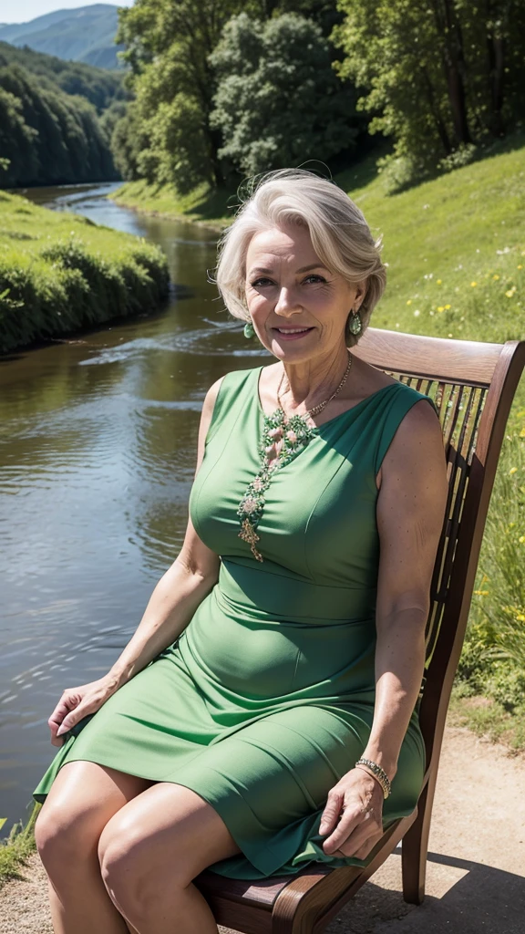 Realistic portrait of a mature woman, 60 years old, wearing Green dresses elegant motif. She should have a natural appearance, curvaceous forms, blue eyes, gray hair, smile, Shoot this image in high resolution with a 35mm lens to get a good perspective. Sitting on the chair, river and Meadow views