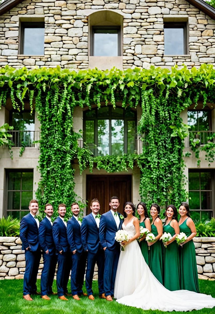 A wedding party poses for photos in front of a beautiful stone wall with vines growing on it. The house in the background is obscured by the trees. Generate an image of a wedding party posing for photos in front of a contemporary home with lots of windows, a modern architectural design, and a lush green lawn.