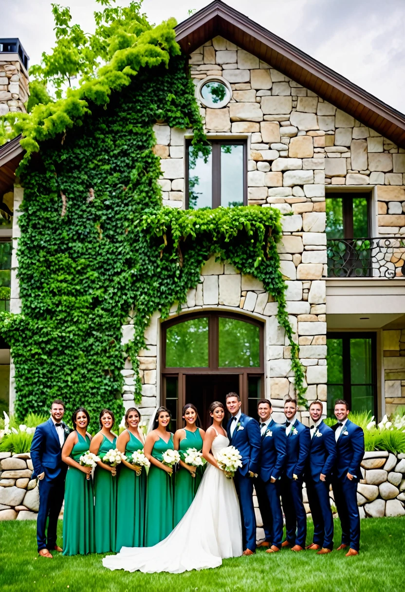 A wedding party poses for photos in front of a beautiful stone wall with vines growing on it. The house in the background is obscured by the trees. Generate an image of a wedding party posing for photos in front of a contemporary home with lots of windows, a modern architectural design, and a lush green lawn.