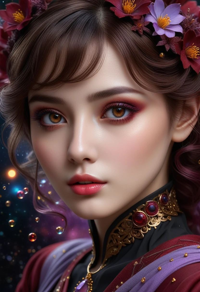 photorealistic in 32K quality, Fantasy, Artistic, A delicate fairy with mature features, puffy lips, and stunning realistic eyes, (ultra absurd quality, extremely detailed detail, ultra resolution, clear sharp focus, not blurry, (Realistic brown_eyes:1.3))), perfect dark_eyeshadows:1.2, super Detailed, beautiful little nose, actively exploring a world filled with dark shades of black, grey, red, maroon, burgundy, and lavender, High-definition close-up portrait centered on her highly detailed and beautiful face, amidst a setting rich in details like stars, galaxies, colorful bubbles, and petals, all enhanced by iridescence and glittering wind carrying pollen, 8K resolution, intricate, elegant, highly detailed, majestic, digital photography, ((wide shot)), ((upper body shot:1.35))