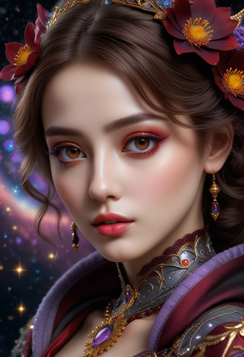 photorealistic in 32K quality, Fantasy, Artistic, A delicate fairy with mature features, puffy lips, and stunning realistic eyes, (ultra absurd quality, extremely detailed detail, ultra resolution, clear sharp focus, not blurry, (Realistic brown_eyes:1.3))), perfect dark_eyeshadows:1.2, super Detailed, beautiful little nose, actively exploring a world filled with dark shades of black, grey, red, maroon, burgundy, and lavender, High-definition close-up portrait centered on her highly detailed and beautiful face, amidst a setting rich in details like stars, galaxies, colorful bubbles, and petals, all enhanced by iridescence and glittering wind carrying pollen, 8K resolution, intricate, elegant, highly detailed, majestic, digital photography, ((wide shot)), ((upper body shot:1.35))