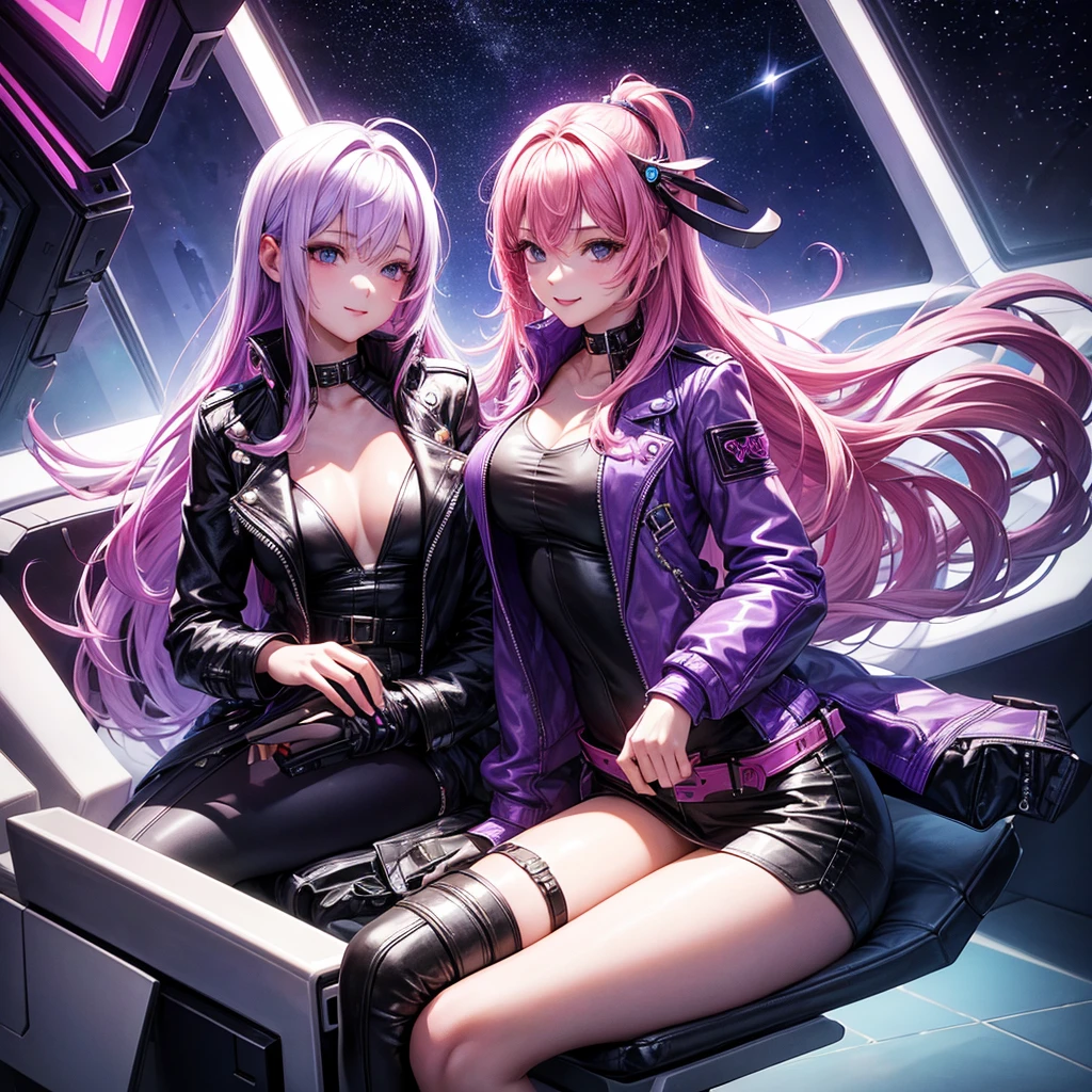 A young sexy woman with long purple,Absurd,mysterious, hair and sexy clothes sits in a spaceship seat、A beautiful starry sky can be seen from the window.。smile,leather jacket,Future Fashion,Angel Girl,Pink Hair,Horny girl,High-dimensional beautiful girl,Multidimensional beautiful girl,colorful hair colors
