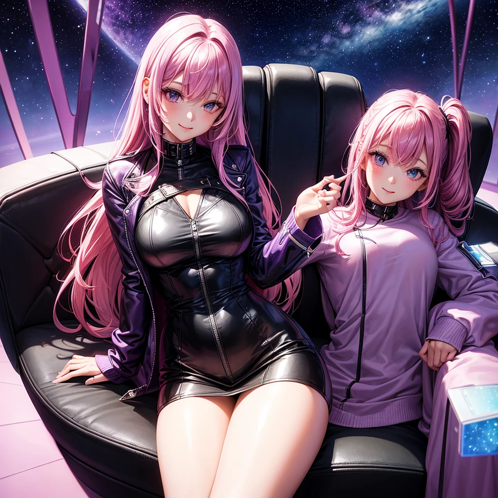 A young sexy woman with long purple,Absurd,mysterious, hair and sexy clothes sits in a spaceship seat、A beautiful starry sky can be seen from the window.。smile，leather jacket，Future Fashion，Angel Girl，Pink Hair，Horny girl，High-dimensional beautiful girl，Multidimensional beautiful girl，colorful hair colors