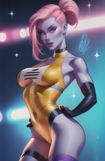 1Female, Female Alien, Female with fit body, pink hair, blue Skin, in short tights, Headtails, purple lightsabers, feminine pose, flirty pose