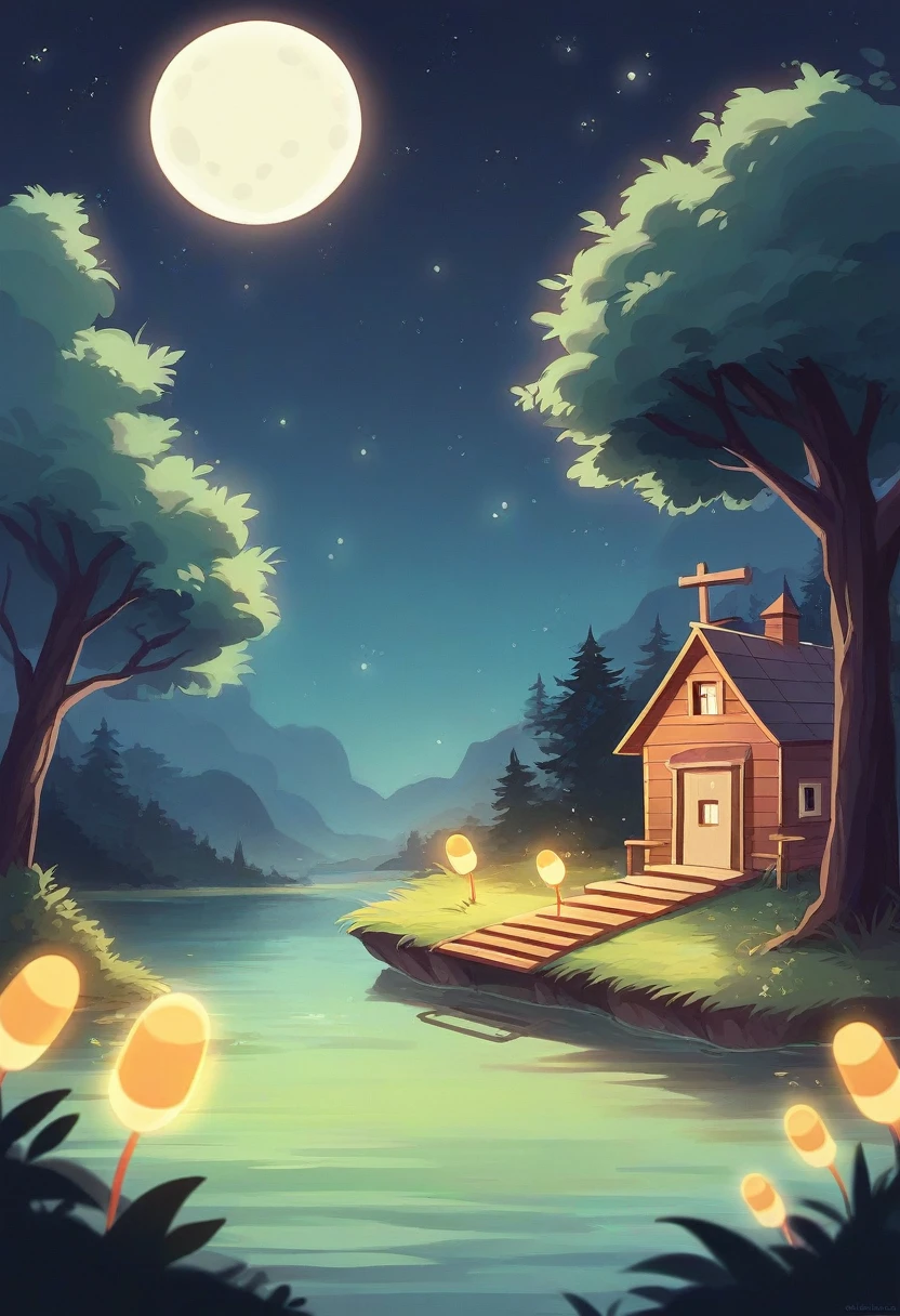 "A serene starry night scene with a full moon shining softly in the sky, illuminating a calm lake. Tall, dark trees surround the lake, reflecting its silhouette in the water. Fireflies float delicately in the air, emitting a soft glow. No fundo, a small wooden cabin with warm lights twinkling through the windows, giving a sense of welcome. Smooth, elegant text says 'Good Night' in cursive letters, complementing the tranquility of the scene."art digital