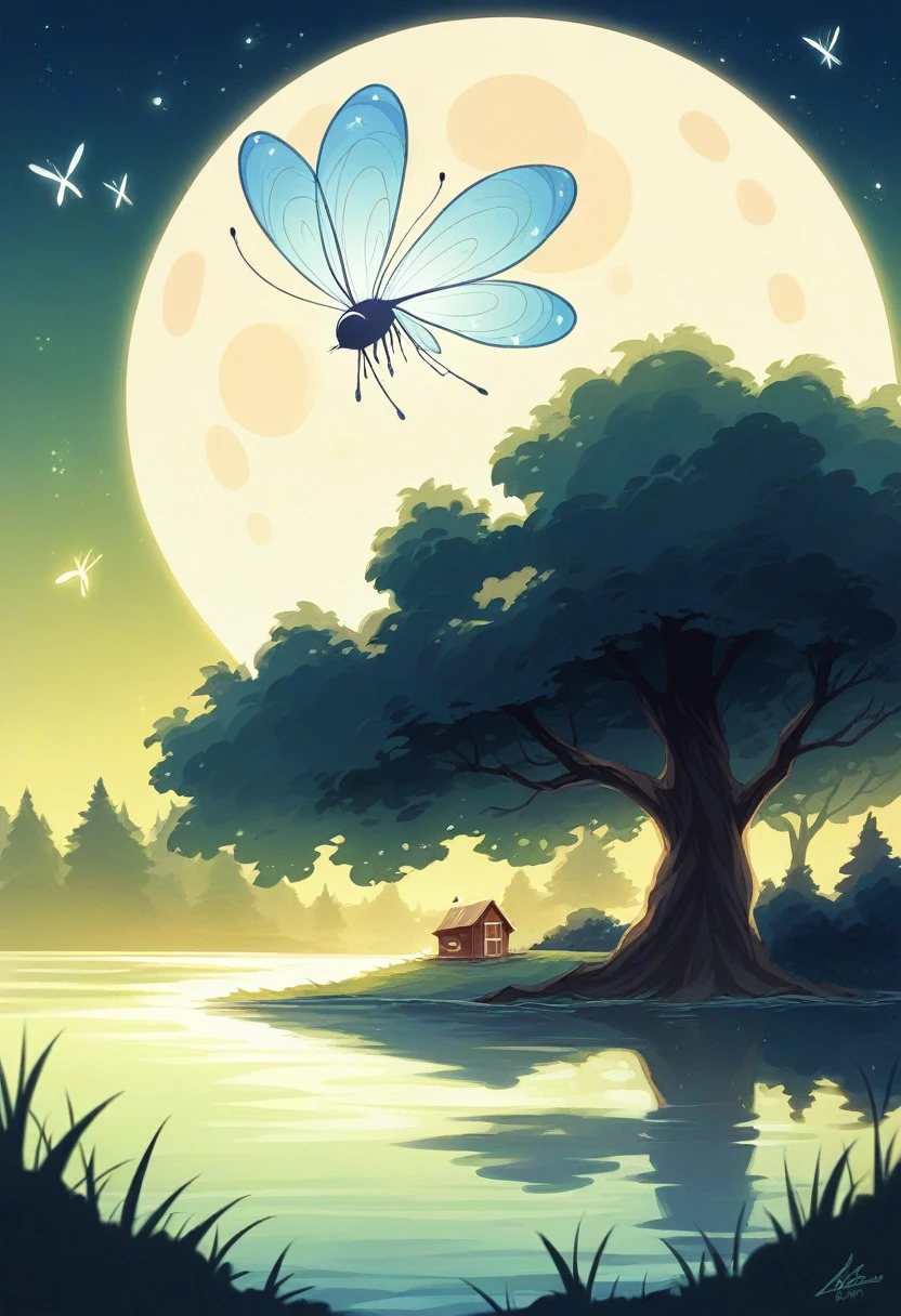 "A serene starry night scene with a full moon shining softly in the sky, illuminating a calm lake. Tall, dark trees surround the lake, reflecting its silhouette in the water. Fireflies float delicately in the air, emitting a soft glow. No fundo, a small wooden cabin with warm lights twinkling through the windows, giving a sense of welcome. Smooth, elegant text says 'Good Night' in cursive letters, complementing the tranquility of the scene."art digital