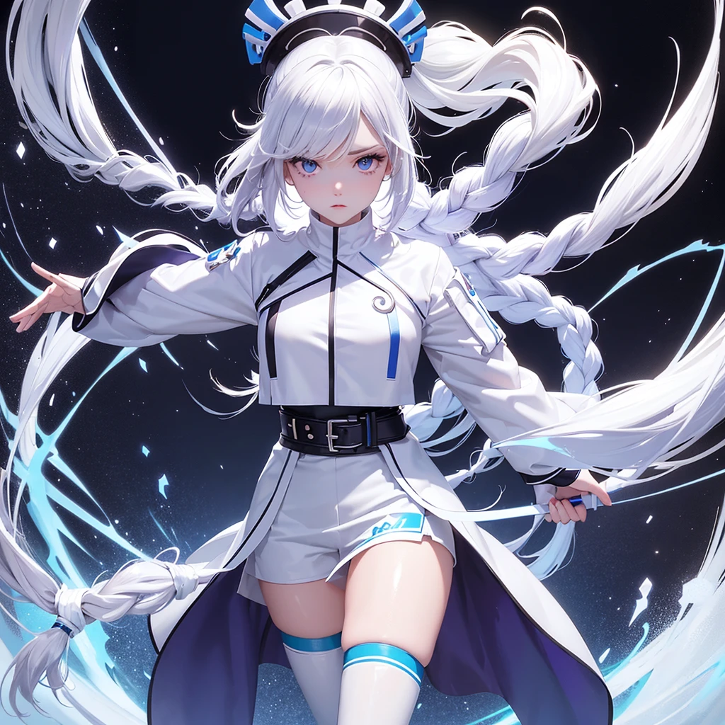 Kizi, Caucasian skin, appealing, long white and blue double braids voluminous hair style, violet eyes, top cropped branco, white shorts above the waist, blue belt, white pantyhose, white and blue boots, RWBY style, realisitic, dark backdrop with white and blue symbols, high qualiy, detailded, fighting position