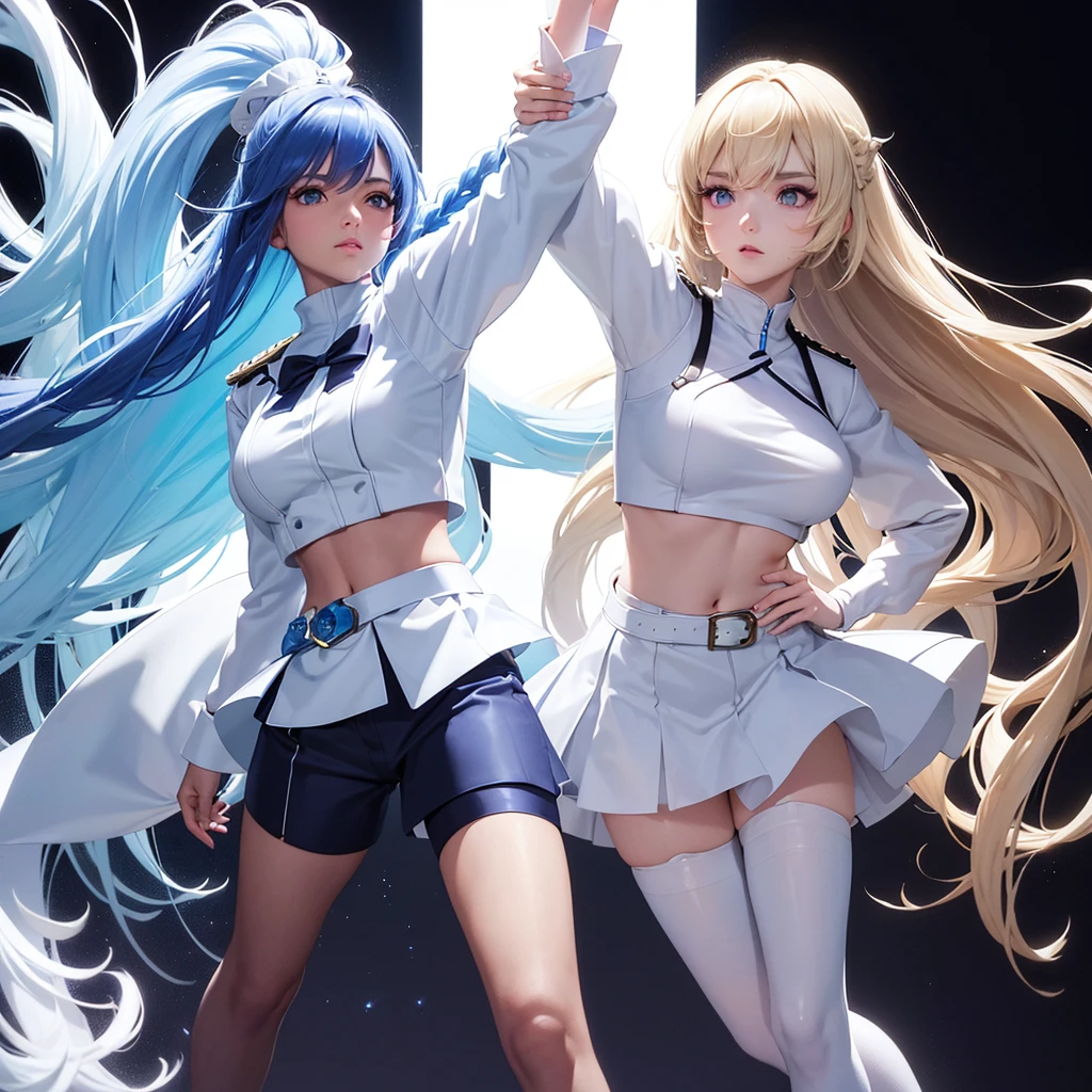 Kizi, Caucasian skin, appealing, long white and blue double braids voluminous hair style, violet eyes, top cropped branco, white shorts above the waist, blue belt, white pantyhose, white and blue boots, RWBY style, realisitic, dark backdrop with white and blue symbols, high qualiy, detailded, fighting position