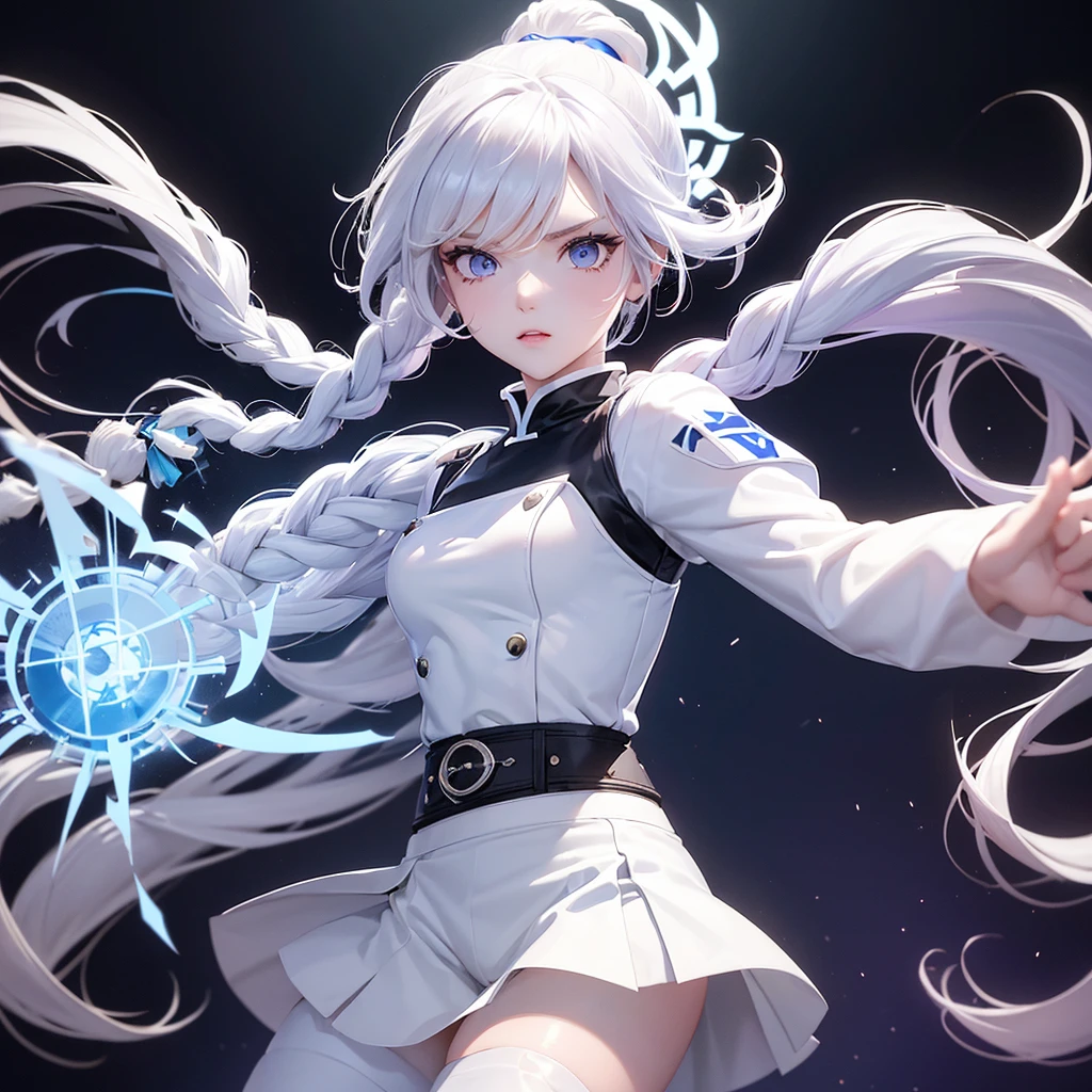 Kizi, Caucasian skin, appealing, long white and blue double braids voluminous hair style, violet eyes, top cropped branco, white shorts above the waist, blue belt, white pantyhose, white and blue boots, RWBY style, realisitic, dark backdrop with white and blue symbols, high qualiy, detailded, ssmile