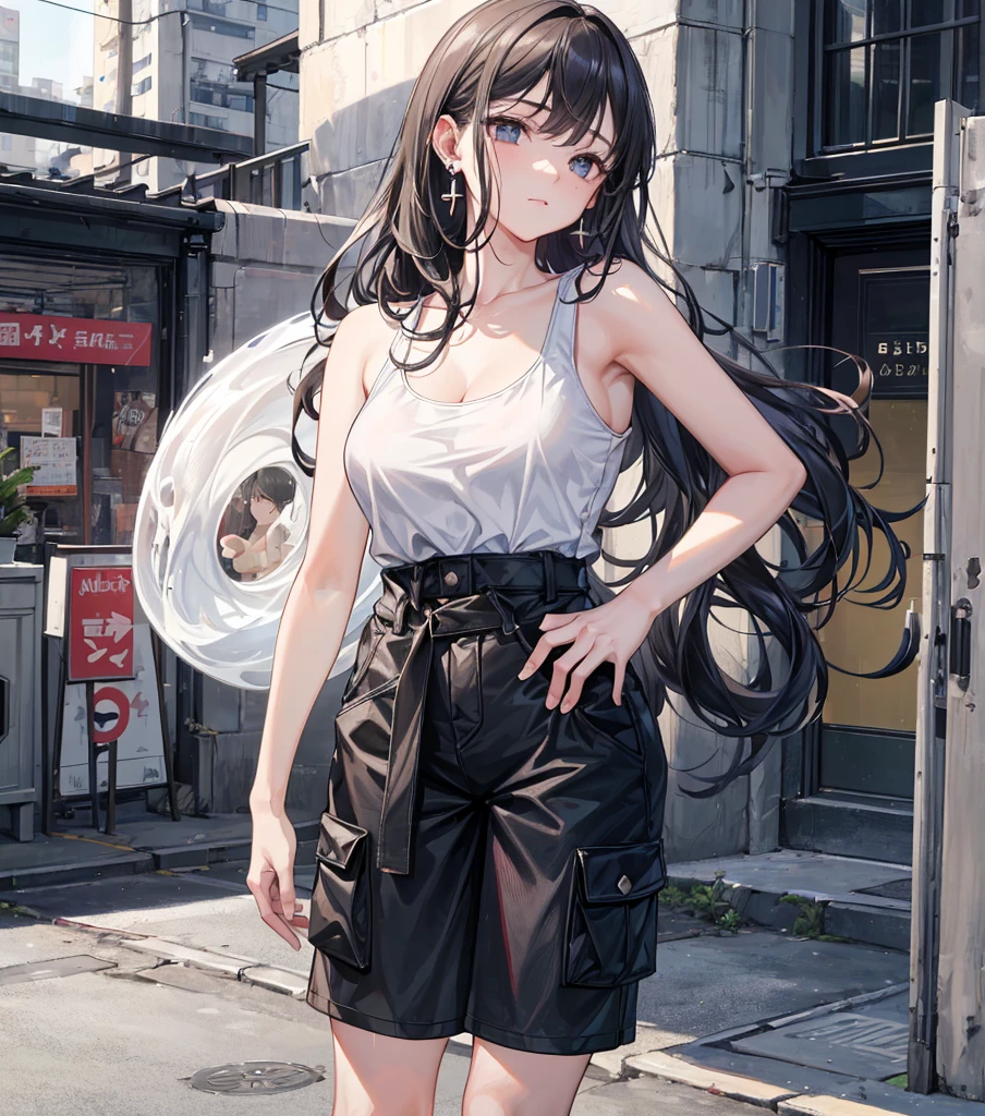 ((((absurdres, RAW photo, extremely delicate and beautiful, masterpiece, Best Quality, ultra high resolution, 32k, hyperrealistic, ultra-detailed)))), in her 20s, very Slim body, narrow waist, very small head, very small face, delicate facial features, beautiful face, beautiful eyes, ((very huge round tits)), medium hair, black hair, wavy hair, tearful mole, earring, full body shot, tank top shirt, cargo pants, shorts, street,