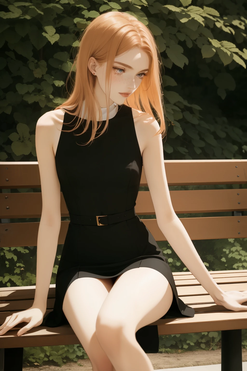 A tall, young woman, 22 years old,  with long shoulders and a slender, muscular, build, fit body, She has small breasts and soft thighs, giving her a delicate and graceful appearance. Her overall look is average in terms of attractiveness, with features that blend in rather than stand out, strawberry blonde hair, freckles, sitting on a park bench, long legs,wearing a body con dress skirt, epiC35mm