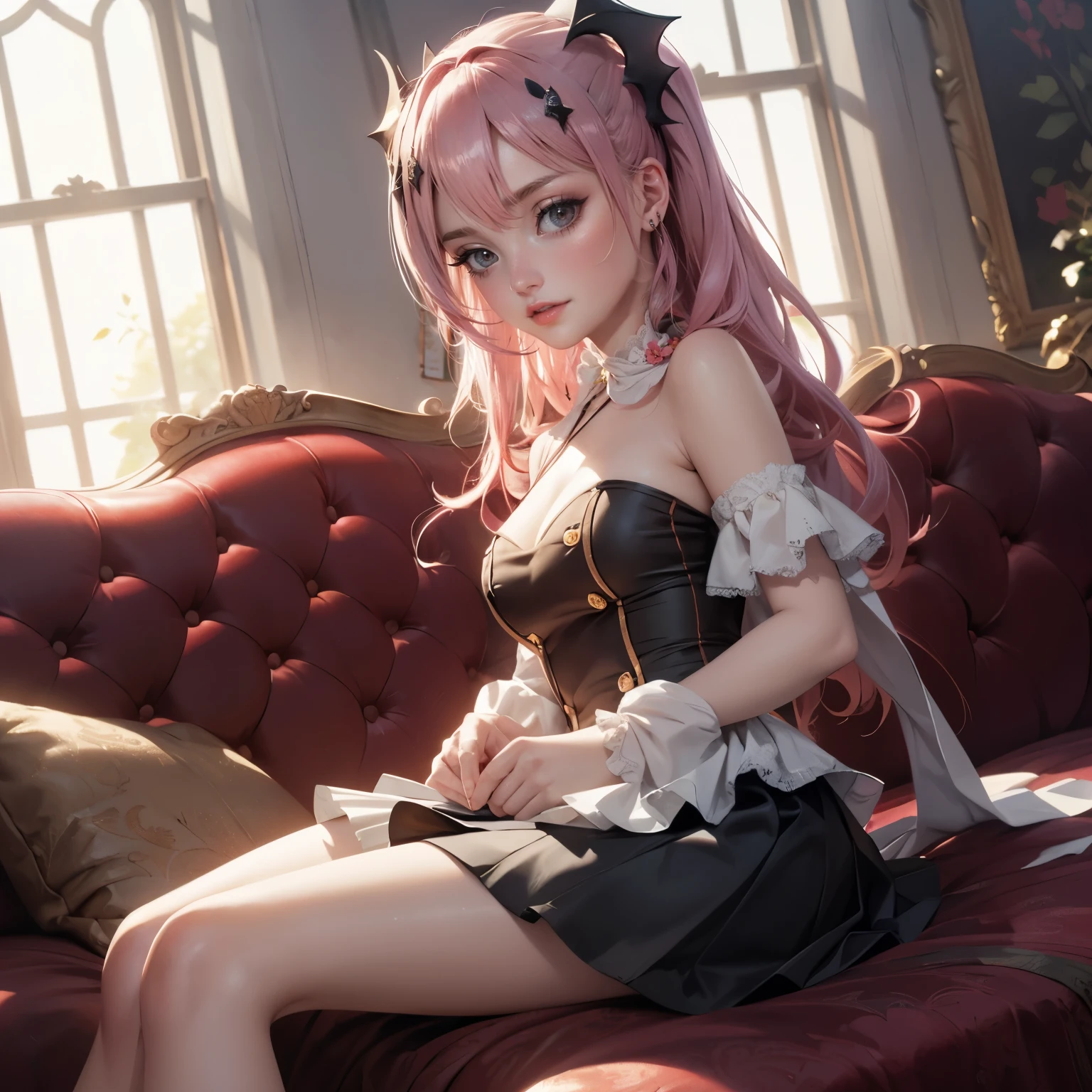 Krul Tepes, a succubus girl, bat wings on her back, ornament hair, vampire girl, perfectly body, perfectly hands, wave hair, pink hair, long hair, maid, maid dress, maid headdress, maid apron, gothic castle scenery, gold lantern, gothic style, seat on sofa, gold jewelry, white dress, white shirt, white skirt, red laces, more details on her clothes, white dress with black details, night, Best quality, cleavage, skirt, full Body, smiling, ((4k, masterpiece, top-quality)),8k, best quality, high resolution, HD, (illustration:0.8), super cute girl, delicate and beautiful face, 1girl, solo, mature girl, super cute hairstyle, (beautiful detailed eyes:1.6), extremely detailed face, perfect lighting, extremely detailed CG, (perfect hands, perfect anatomy)