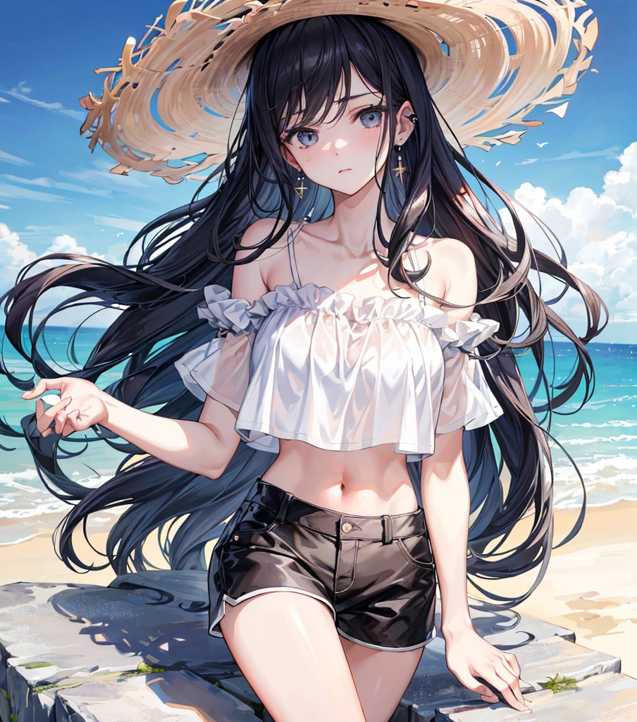 (masterpiece), Highest quality, One girl, 8-year-old, Cute  girl, Flat Chest, Black Hair, Very long hair, View your viewers, 
She is wearing a white tank top, clothes without collar, She is wearing a sleeveless dress, The material of her clothes is very thin, You can clearly see her naked body, Exposing shoulders, The clavicle is visible, Her nipples are pushing up against the fabric of her clothes, (Erect nipples proclaiming their presence beneath the fabric), Not wearing a jacket, 
Not wearing a skirt, The lower half of the body is naked, She doesn't wear underwear, Not wearing a bra, Not wearing panties, I can see your pussy, (Share:1.5), She has no pubic hair, 
She stands with her legs spread, Open your knees, Very shy, Wearing a straw hat, 
Behind the building, Leaning against a wall, There is a passerby behind her, blush, alley, 